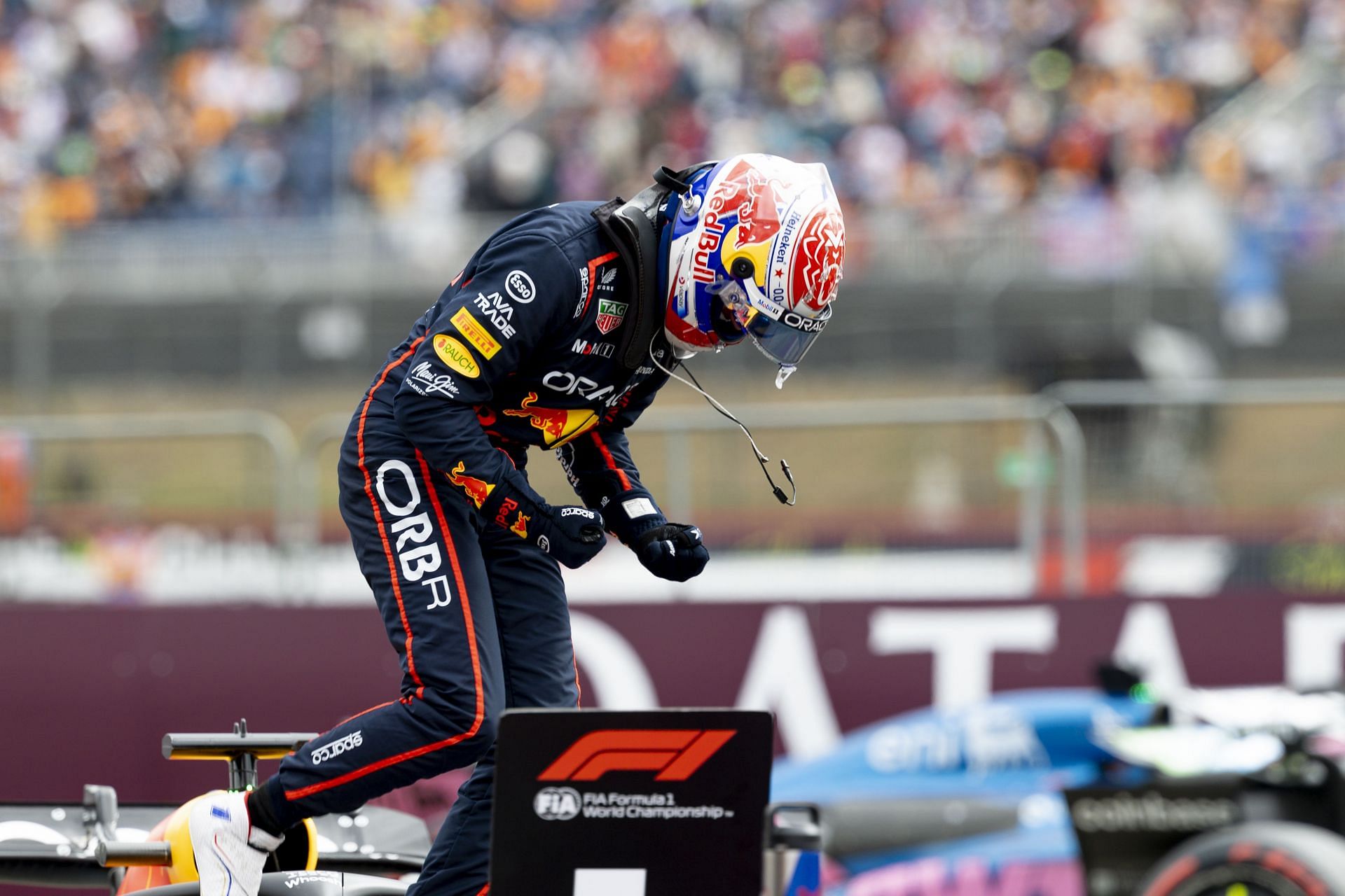 Max Verstappen celebrates as he comes out of his car after qualifying at the British GP - Source: Getty